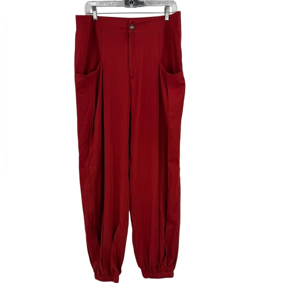 Red High-Waist Pleated Balloon Pants XL | Wide Pocket Tapered Cuff Trousers